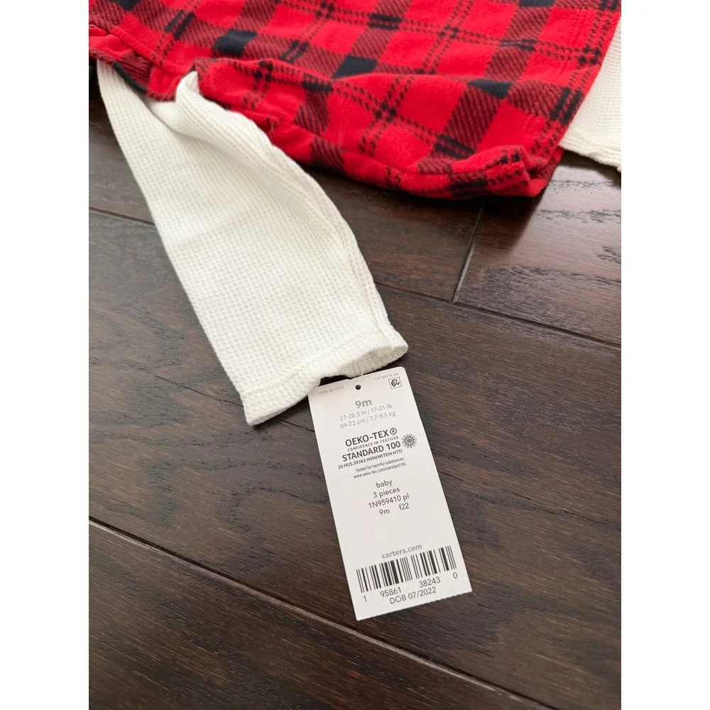 Carters Baby 9M 3Piece Buffalo Plaid Fleece Vest Bodysuit Leggings Set Red Black